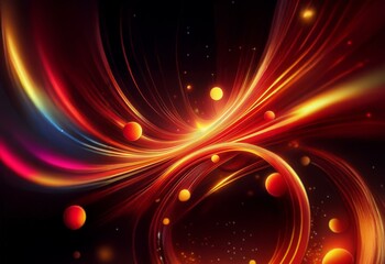 Obraz premium Abstract digital art with swirling red and orange lines, glowing orbs, and a dark background.