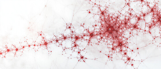 Abstract visualization of interconnected red and white nodes and lines, symbolizing biological networks, complexity, and connectivity with ample copy space