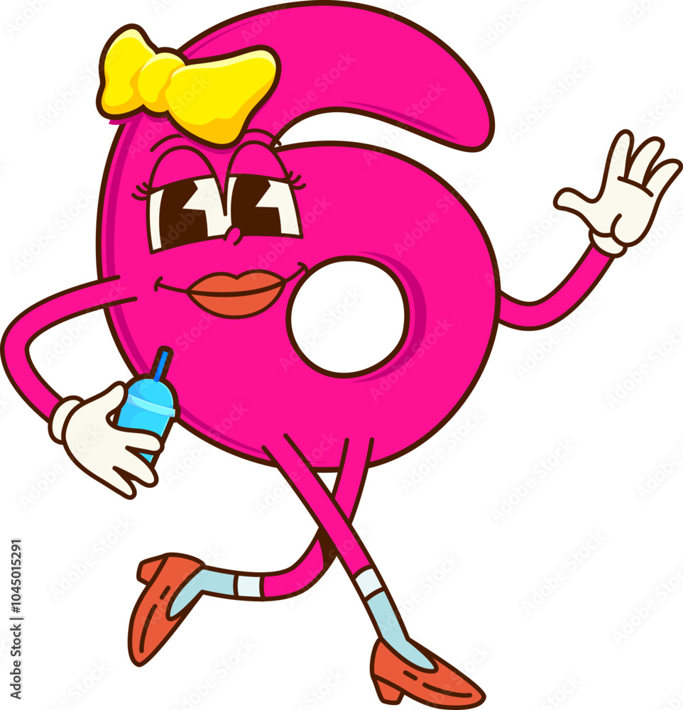 Poster cartoon math number six groovy character jogging in a playful manner, adorned with a yellow bow and 