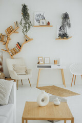 Cozy modern interior with unique book shelves and natural decor in living room