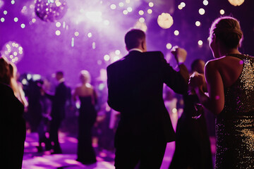 Elegant couple dancing at New Year’s Eve party with purple lights