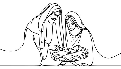Continuous one line Christmas vector Christian nativity scene of baby Jesus with Mary and Joseph. Bethlehem scene