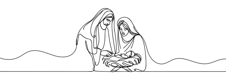 Continuous one line Christmas vector Christian nativity scene of baby Jesus with Mary and Joseph. Bethlehem scene