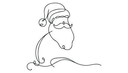 Santa Claus face. Continuous line portrait of Santa. One line Black white christmas sketch the head of Santa Claus.