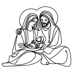 Continuous one line Christmas vector Christian nativity scene of baby Jesus with Mary and Joseph. Bethlehem scene