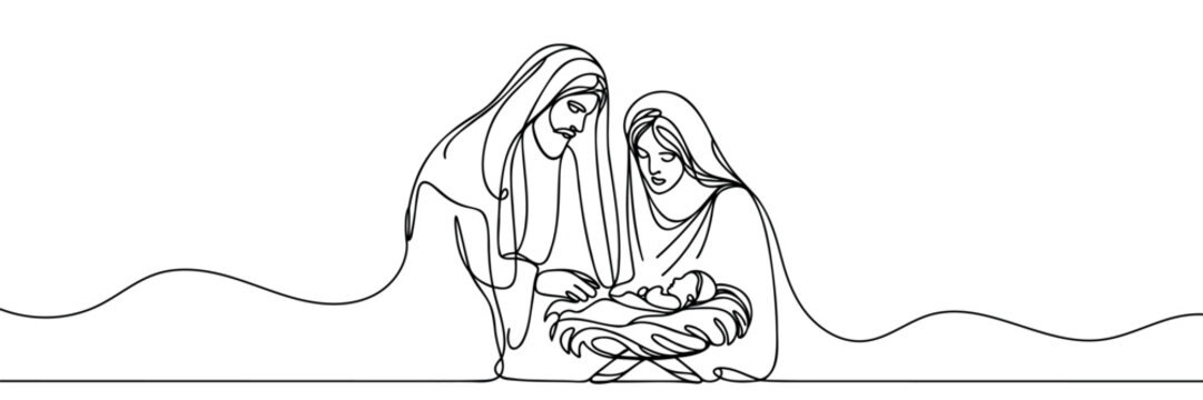 recommend clip art: Continuous one line Christmas vector Christian nativity scene of baby Jesus with Mary and Joseph. Bethlehem scene