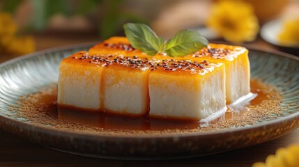 Delicious Japanese Tofu with Sauce on a Ceramic Dish Perfect for Gastronomic Art for Food Blogs and Menus