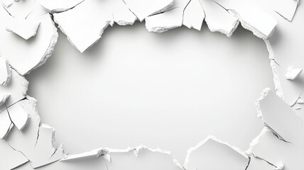 broken hole in wall reveals clean white background, creating striking contrast. jagged edges of torn wall add dramatic effect, inviting curiosity and imagination