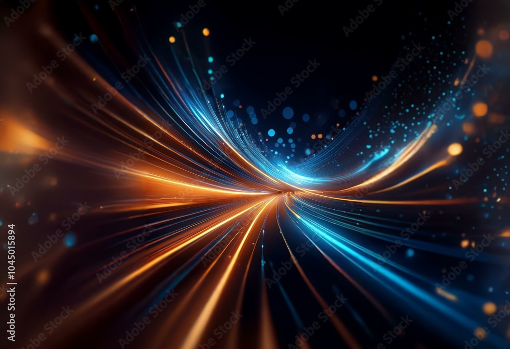 Poster an abstract digital art piece showing a futuristic concept of light trails in blue and orange on a b
