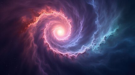 A nebula in space forming a spiral, with swirling gases that shift in color as they move outward.