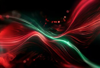 Abstract art with flowing lines of red and green light against a black background.