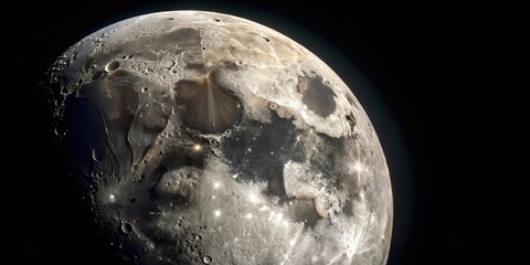 Slightly illuminated surface details of the moon with a tilted angle