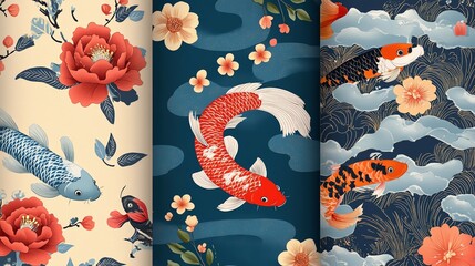 Three different seamless patterns inspired by Japanese and Chinese art with koi fish, cherry blossoms, and a pagoda.