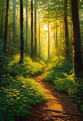 Fototapeta premium vibrant sunlight streaming through thick forest canopy creating dappled patterns lush green underbrush rustic trail path, trees, greenery, shadows, leaves