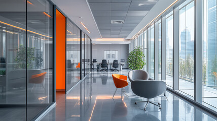 The modern office interior features panoramic windows, glass partitions and orange accents