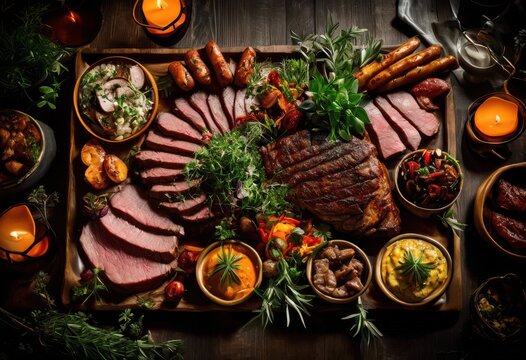 delicious savory meat platter displaying rich juicy vibrant colors appetizing culinary experience, appetizer, arrangement, artisan, barbecue, board, buffet