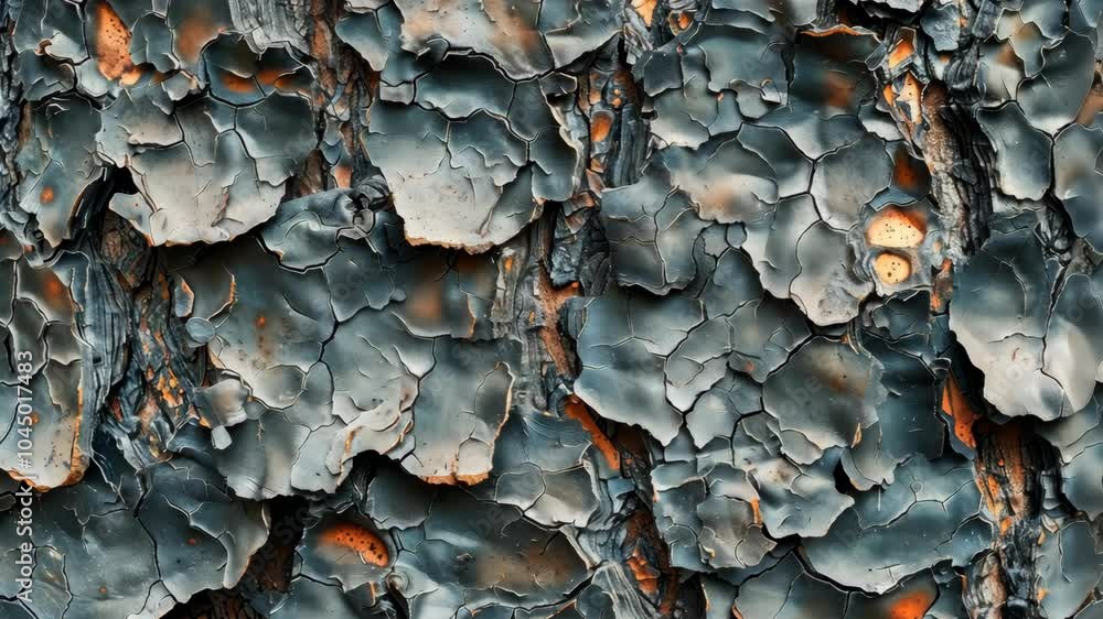 Poster a close-up view of a charred tree trunk, showing the intricate pattern of the burned bark