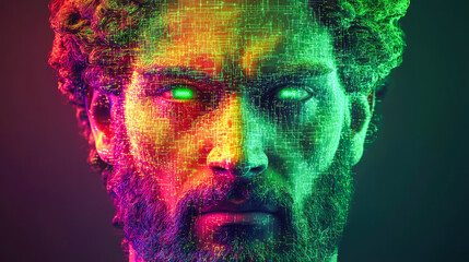 An impactful digital illustration of a face with glowing green circuitry, symbolizing the synergy between human consciousness and technological evolution.