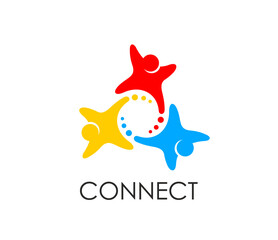 Community connect people together icon, teamwork or union and family symbol. Vector colorful emblem with interconnected stylized human figures in a different vibrant colors, represent social harmony