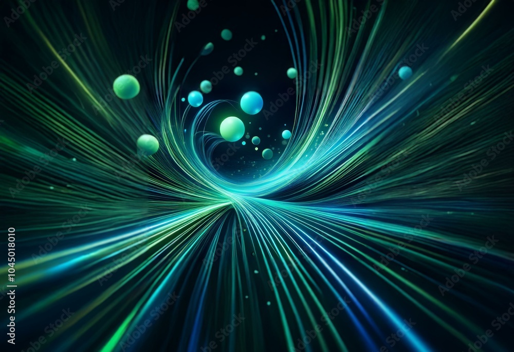 Canvas Prints Abstract digital art featuring glowing green and blue orbs floating in a dark space with streaks of light creating a tunnel-like structure.