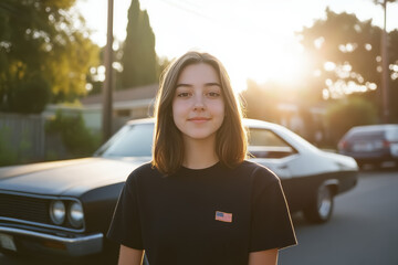 Teen girl posing outdoors near classic cars during sunset, showcasing a casual style and warm atmosphere in a suburban neighborhood