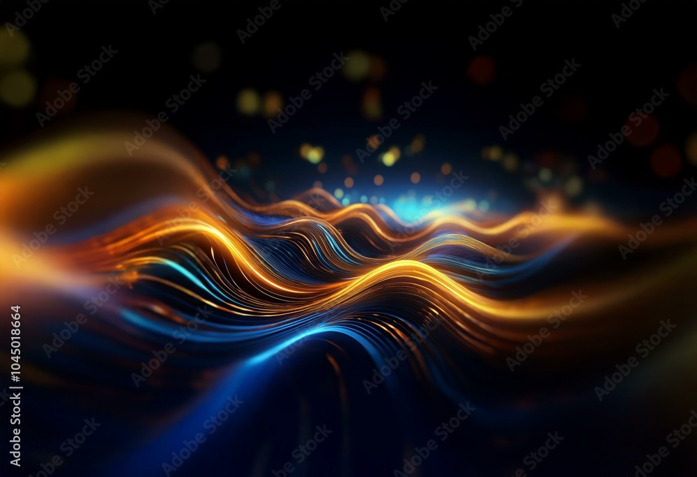 Poster abstract image of glowing waves with orange and blue colors in a dark background.
