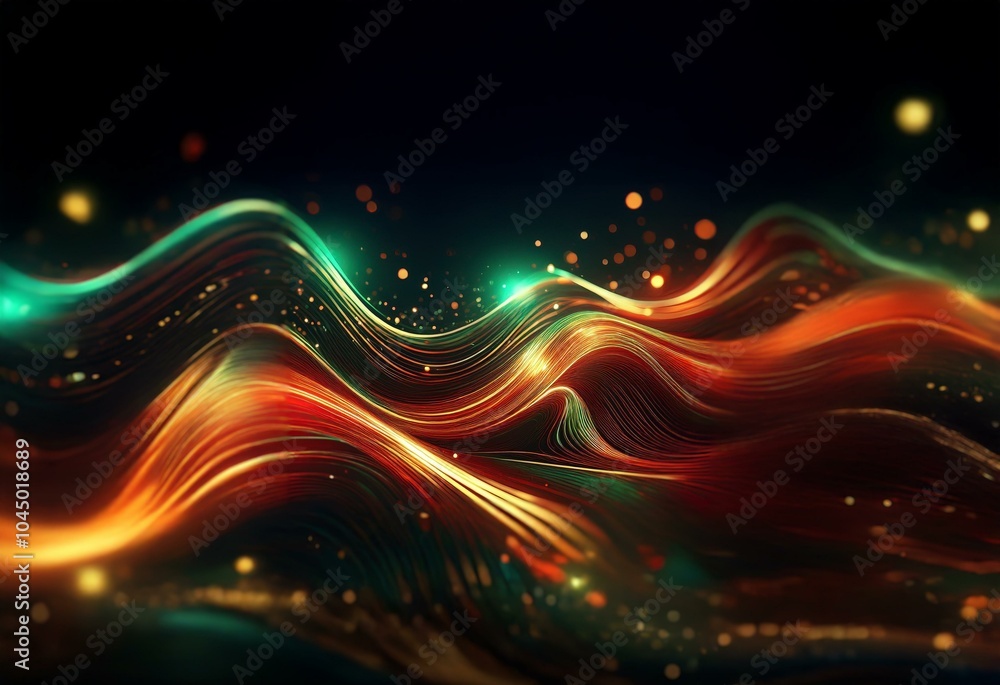 Aufkleber Abstract digital art featuring flowing waves of vibrant orange, teal, and green light against a dark background. The waves are illuminated with glowing particles, creating a dynamic and ethereal effec