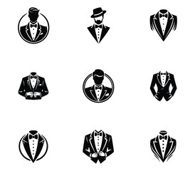 Collection of tuxedo men logo design. Bow tie tuxedo suit gentleman fashion tailor cloth set. Icon set