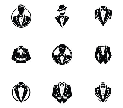 Collection of tuxedo men logo design. Bow tie tuxedo suit gentleman fashion tailor cloth set. Icon set