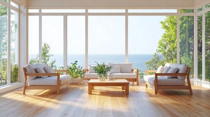 A modern living room with a wooden floor and a sofa set. The room has a beautiful ocean view and is perfect for summer. This is a 3D rendering.