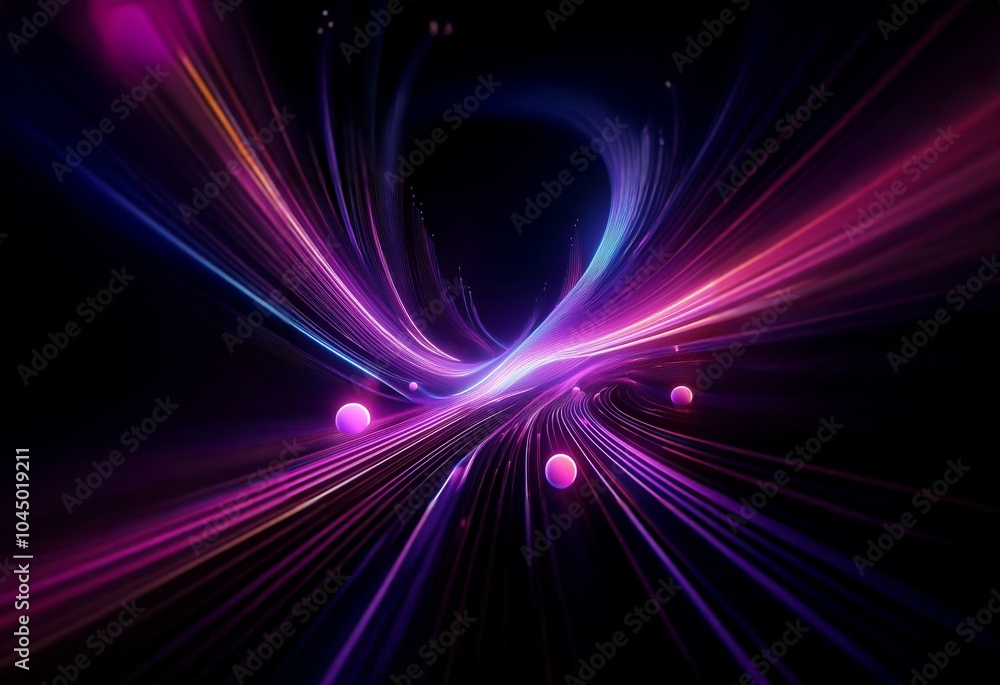 Wall mural Abstract digital artwork depicting a swirling tunnel of light with glowing spheres in a dark background.