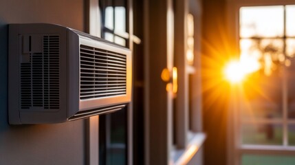 A white wall mounted air conditioner unit with a window and sunset in the background.