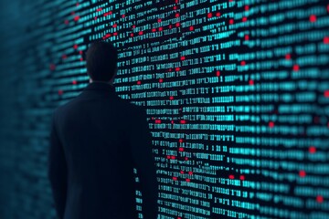 A shadowy figure hides in code, representing the threat of hackers.