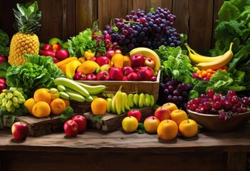vibrant display fresh organic produce assortment featuring colorful fruits vegetables rustic wooden table, apples, apricots, asparagus, bananas, beets