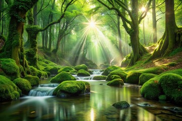Fototapeta premium Enchanted Double Exposure of a Mystical Green Mossy Forest Stream with Ethereal Light and Nature's Serenity