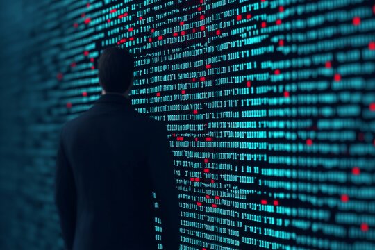 A shadowy figure hides in code, representing the threat of hackers.