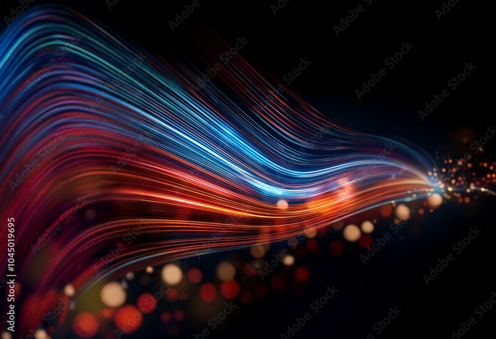 Sticker Abstract digital art with swirling lines of red, blue, and orange light against a black background.