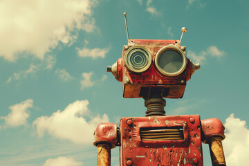 Vintage red robot on blue sky background - retro and vintage style. Generative AI