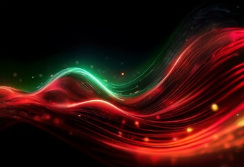 Abstract digital art with vibrant red, green, and yellow lines and scattered glowing particles against a black background.