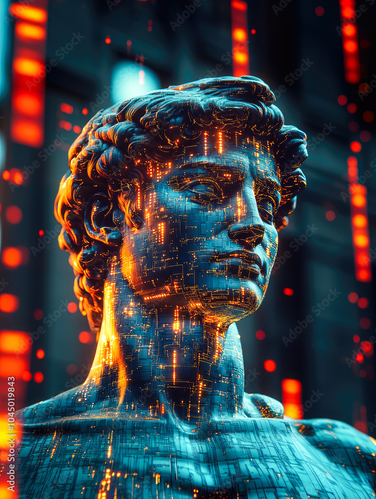 Poster an artistic representation combining classic sculpture with cyber design elements, illustrating the 