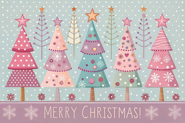 Merry Christmas postcard. Collection of Christmas trees on blue background. Festive illustration. 