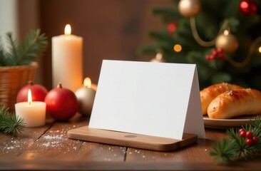 Charming mockup featuring a blank card set against a beautifully arranged holiday dinner table with candles and decorations, perfect for personalized festive greetings or promotional offers.
