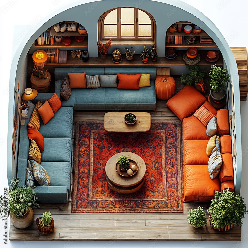 Poster top view 3d render of eclectic family room with an assortment of colorful furniture and a welldetail