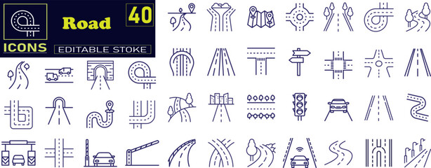 Road icon set. Containing street, highway, traffic light, signpost icons .