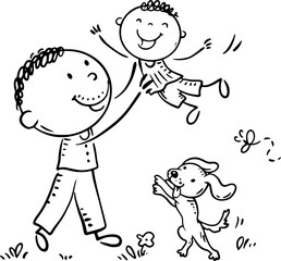 Cartoon outline illustration of father and son playing outdoor together. Happy family activity clipart, single parent with kid. Parenting, fatherhood concept. Parent actively spends time with child ou