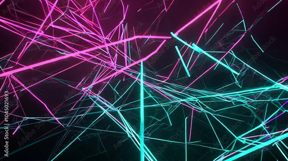 Poster abstract display of vibrant pink and teal lines intersecting against a dark background, creating a d