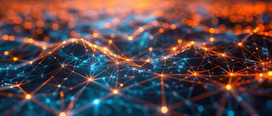 Obraz premium Intricate abstract network scene with glowing lines on a dark background resembling a starry sky. Evokes digital universe theme with modern, sci-fi feel. Vib r ant nodes enhance the sci-fi atmosphere.