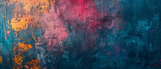 Obraz premium Abstract painting with vibrant colors - blue, yellow, pink, and brown. Emotive and dynamic composition resembles corroded metal plate. Textural contrast intensifies visual experience.