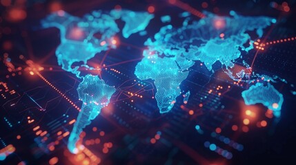 Digital world map with blue and red network connections. Continents in blue, cities linked by red/orange dots hinting at global interactions. Futuristic tech theme portrayed.
