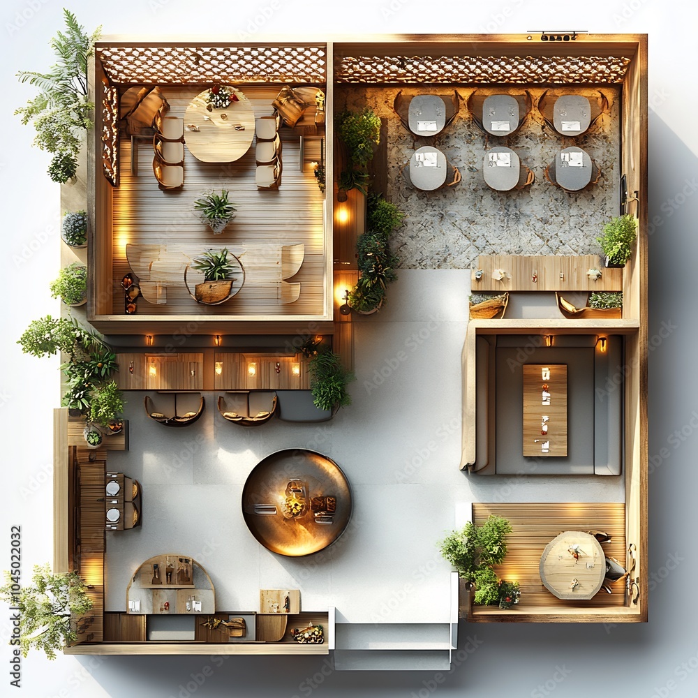 Poster top view 3d render of ethnic restaurant layout with distinct seating areas for different cuisines ce